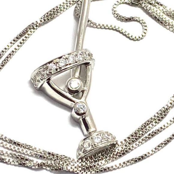 Solid 925 SS w/ Platinum Overlay Martini Necklace - Picture 1 of 10